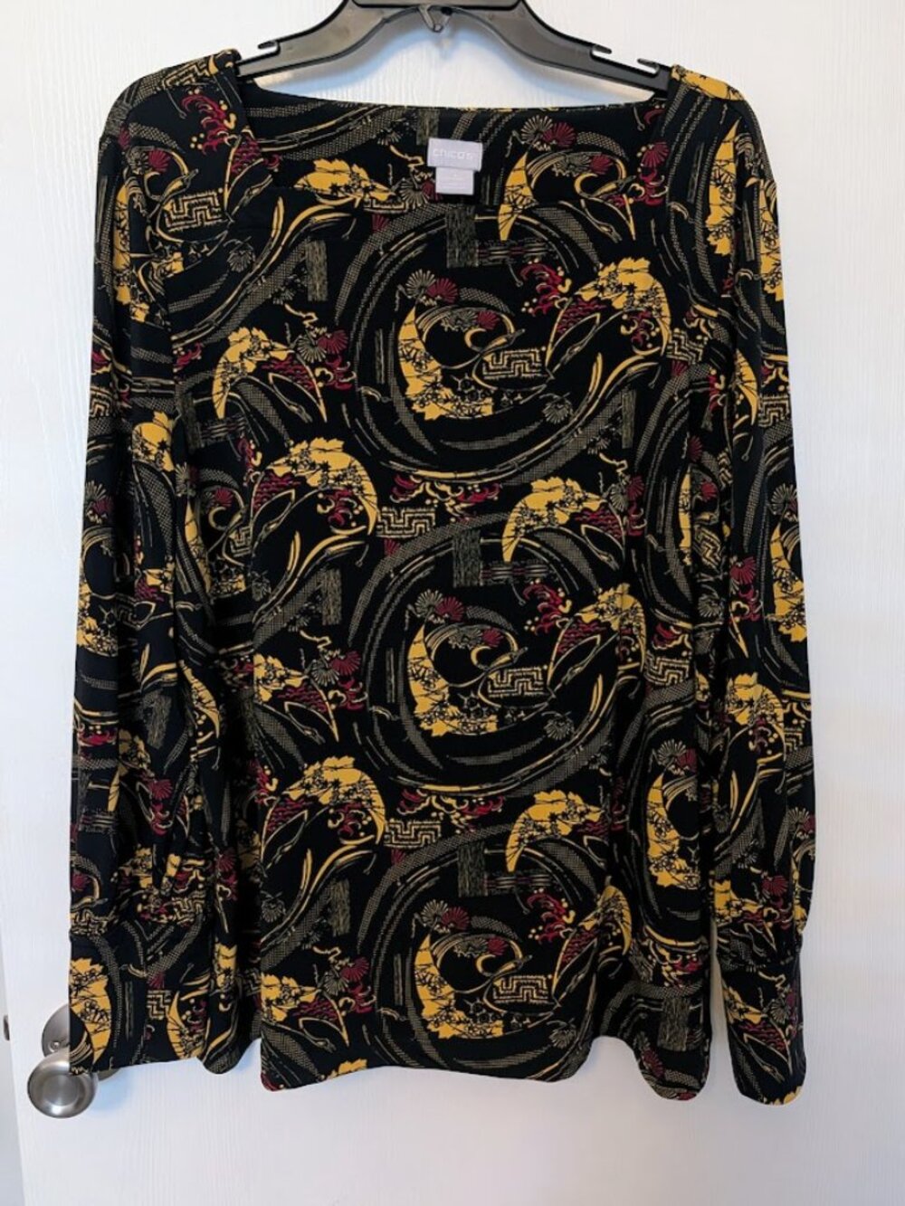 Chico's black L/S tunic top with Asian-inspired pattern Size 3/XL NWOT